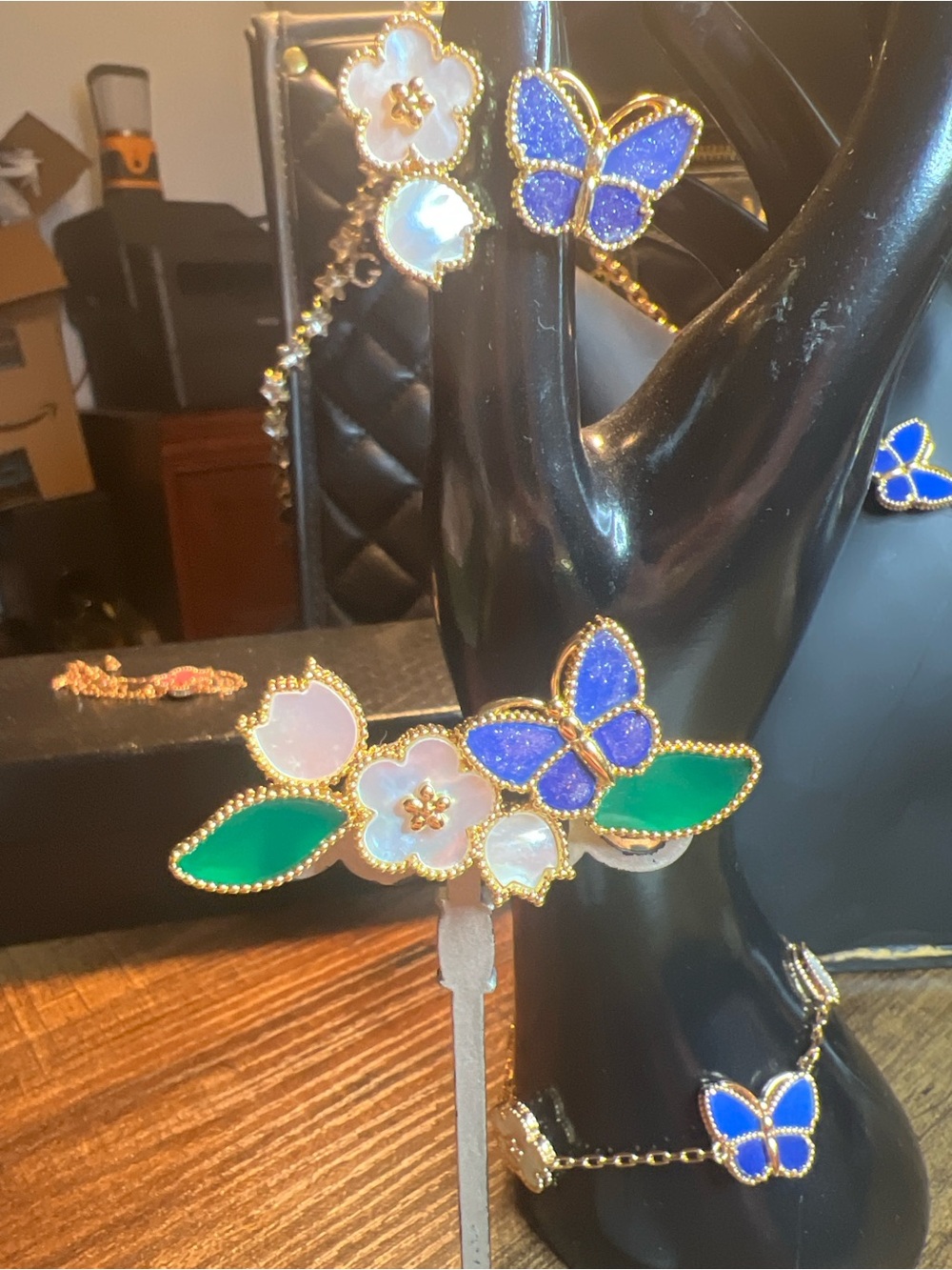 Gold Floral & Blue Butterfly Statement Brooch - Green and White Enamel